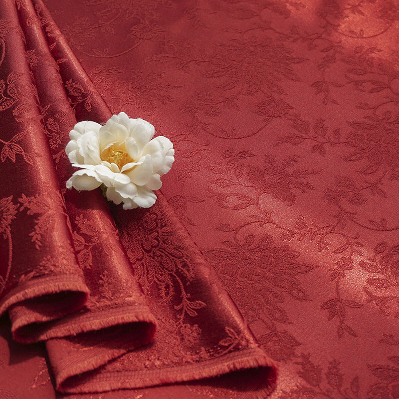 Cotton-Poly Jacquard Fabric, Peony Satin Hanfu & Qipao Cloth - Rouge Red