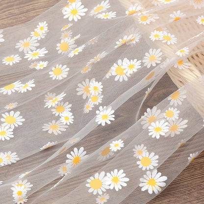 Daisy Print Polyester Gauze Fabric, Sheer Floral Mesh for Wedding & Apparel