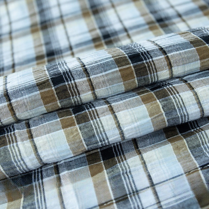 Gold & Silver Thread Cotton Plaid Fabric, Metallic Check Cloth for Shirts - Black Brown Silver Thread Plaid