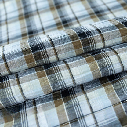 Gold & Silver Thread Cotton Plaid Fabric, Metallic Check Cloth for Shirts - Black Brown Silver Thread Plaid