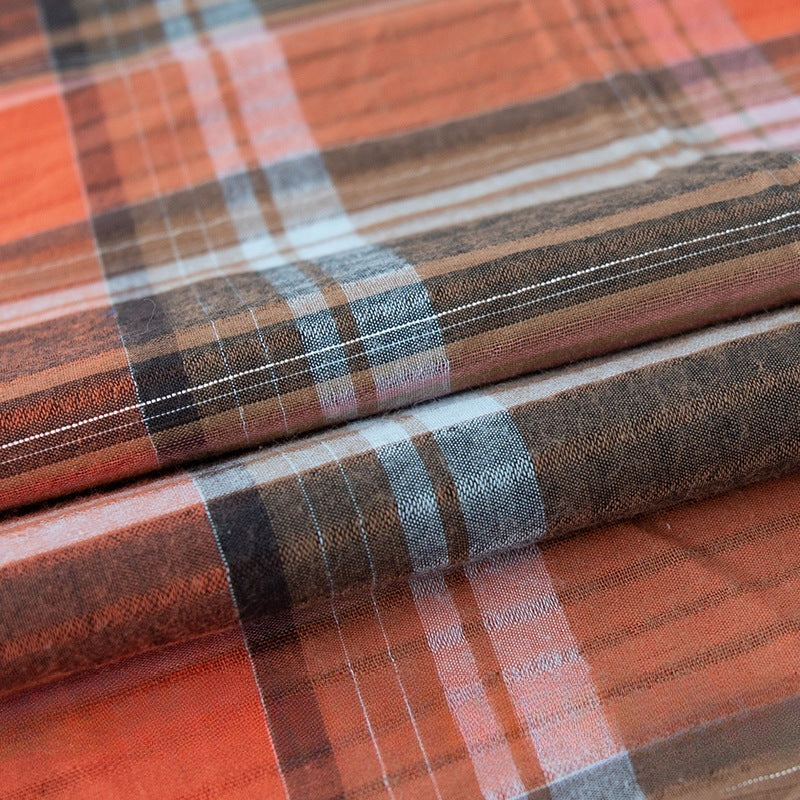 Gold & Silver Thread Cotton Plaid Fabric, Metallic Check Cloth for Shirts - Brown Orange Silver Thread Plaid