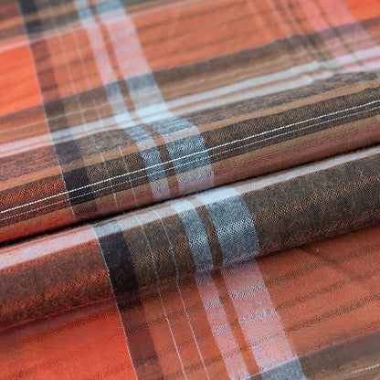 Gold & Silver Thread Cotton Plaid Fabric, Metallic Check Cloth for Shirts - Brown Orange Silver Thread Plaid