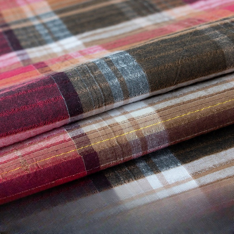 Gold & Silver Thread Cotton Plaid Fabric, Metallic Check Cloth for Shirts - Red Brown Gold Thread Plaid