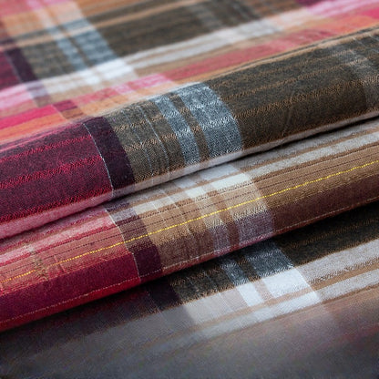 Gold & Silver Thread Cotton Plaid Fabric, Metallic Check Cloth for Shirts - Red Brown Gold Thread Plaid