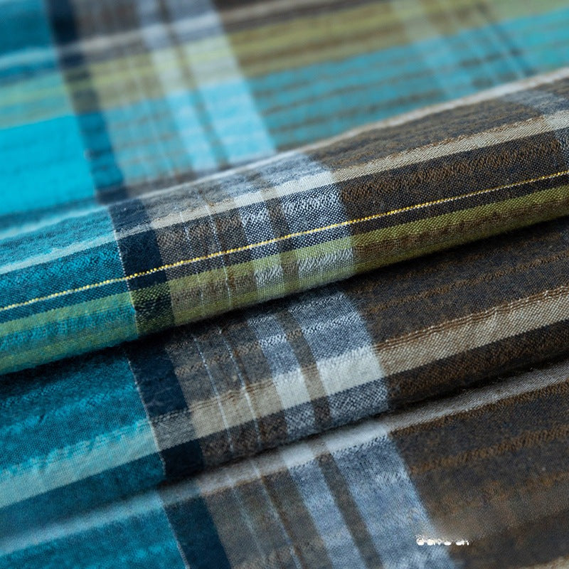 Gold & Silver Thread Cotton Plaid Fabric, Metallic Check Cloth for Shirts - Blue Brown Gold Thread Plaid