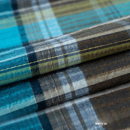 Gold & Silver Thread Cotton Plaid Fabric, Metallic Check Cloth for Shirts - Blue Brown Gold Thread Plaid