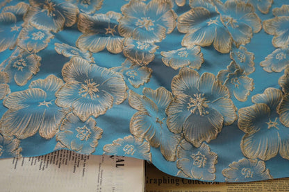 3D Floral Metallic Jacquard Fabric - Dress Jacket by the Yard - Dark Blue