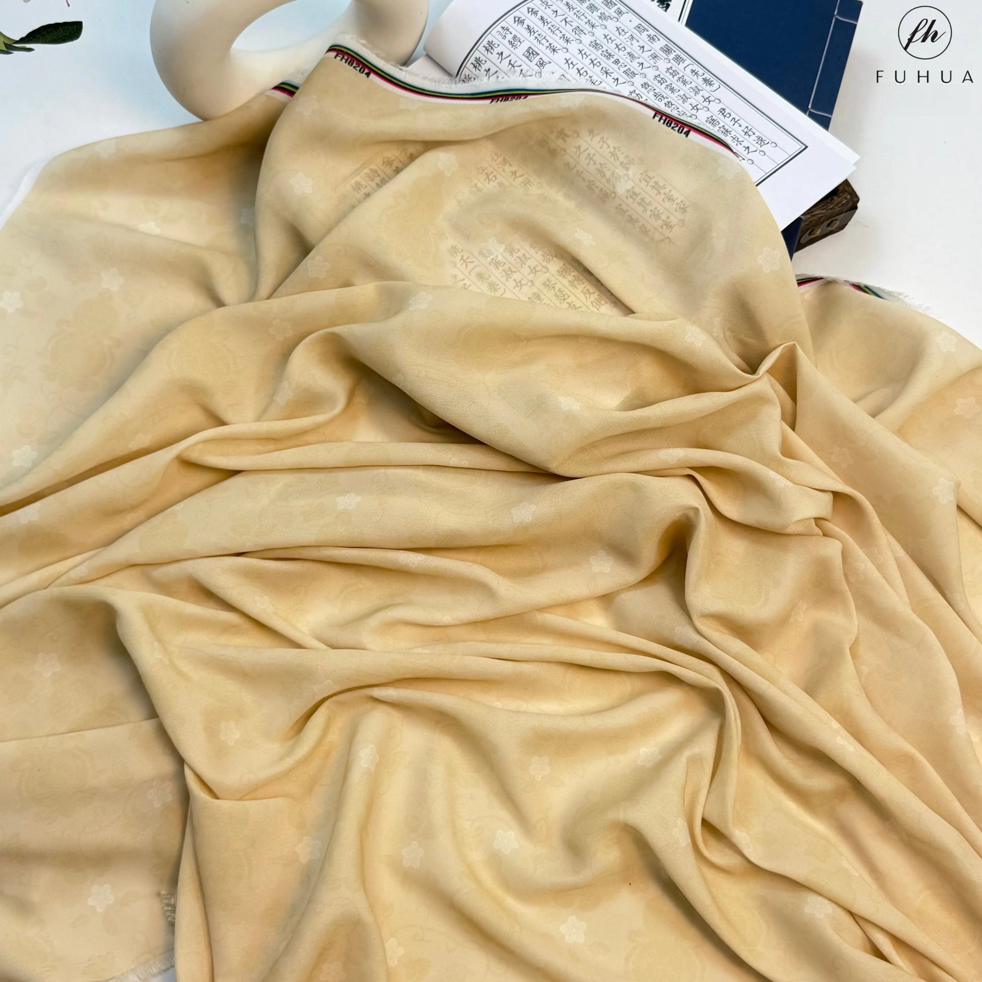 Chiffon Print Fabric with Gourd Vines, Sheer Polyester Cloth for Hanfu & Apparel - Moon Amber