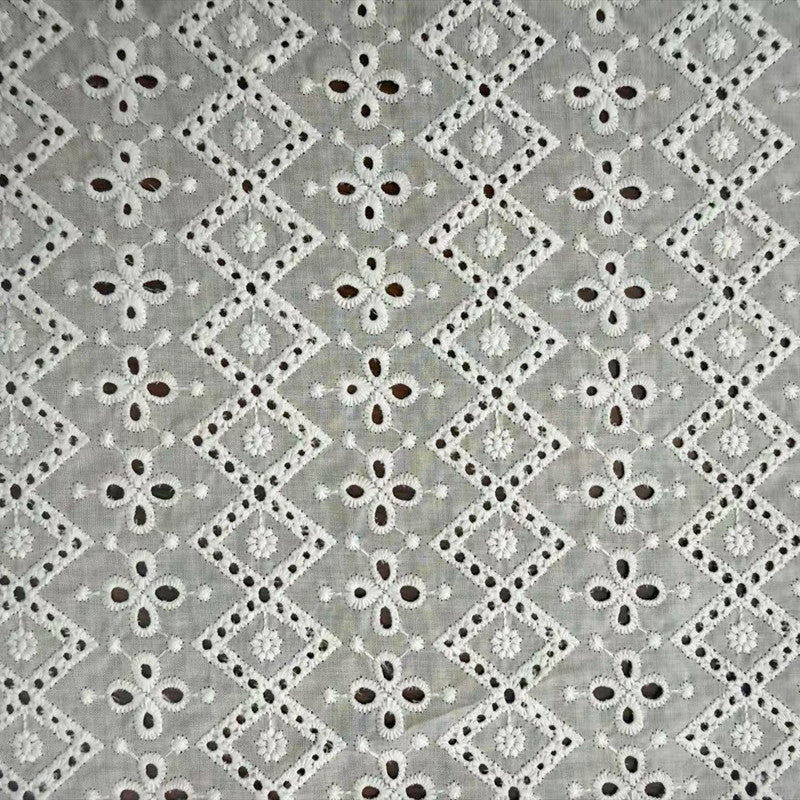 100% Cotton Cutwork Embroidered Fabric, 80 g/m², 130 cm Wide, for Dresses, Shirts & Table Linen - White