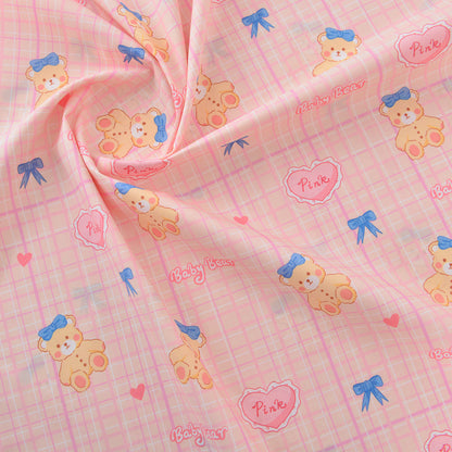 Vintage Floral Cotton Fabric, 60s Print Cloth for Kids Dresses & Dolls - Pink Check Bear