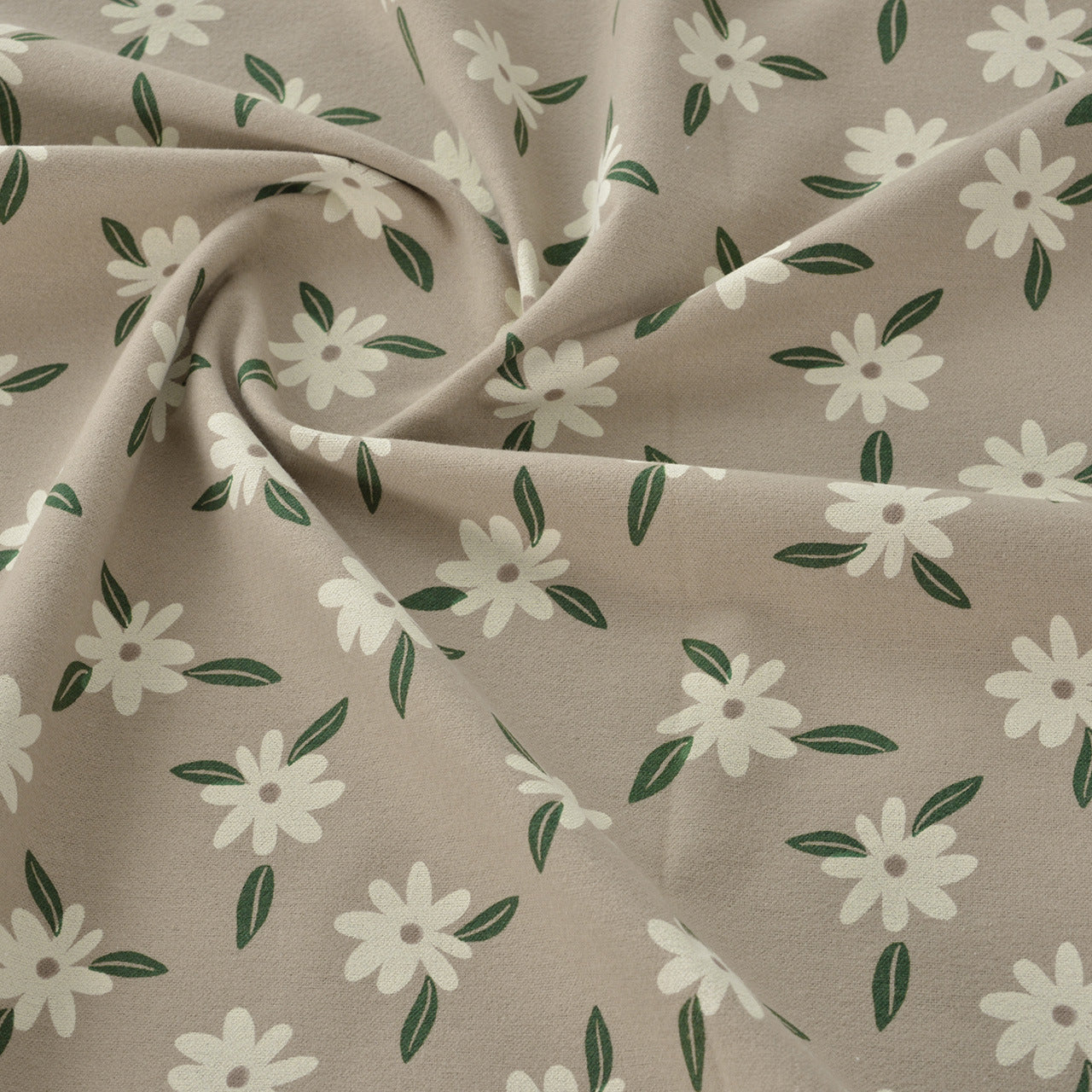 Floral Brushed Cotton Fabric - Dress & Home Decor by the Yard - Green Leaf Beige Daisy