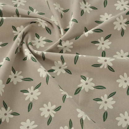 Floral Brushed Cotton Fabric - Dress & Home Decor by the Yard - Green Leaf Beige Daisy