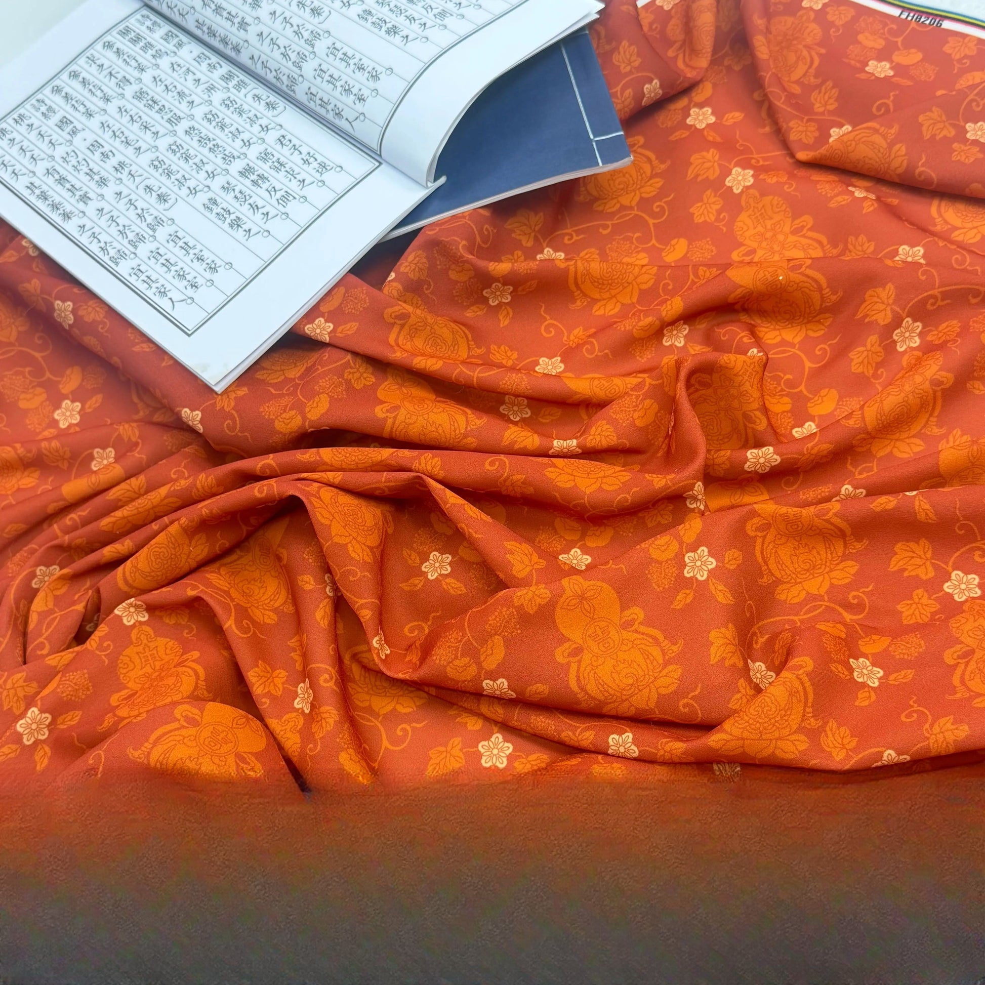 Chiffon Print Fabric with Gourd Vines, Sheer Polyester Cloth for Hanfu & Apparel - Persimmon Red