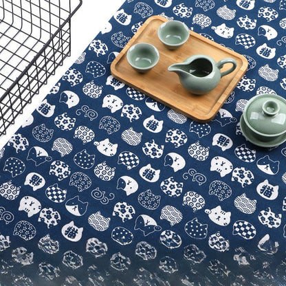Japanese Wave Cotton-Linen Print Fabric, Woven Home & Apparel Cloth - Blue Lucky Cat