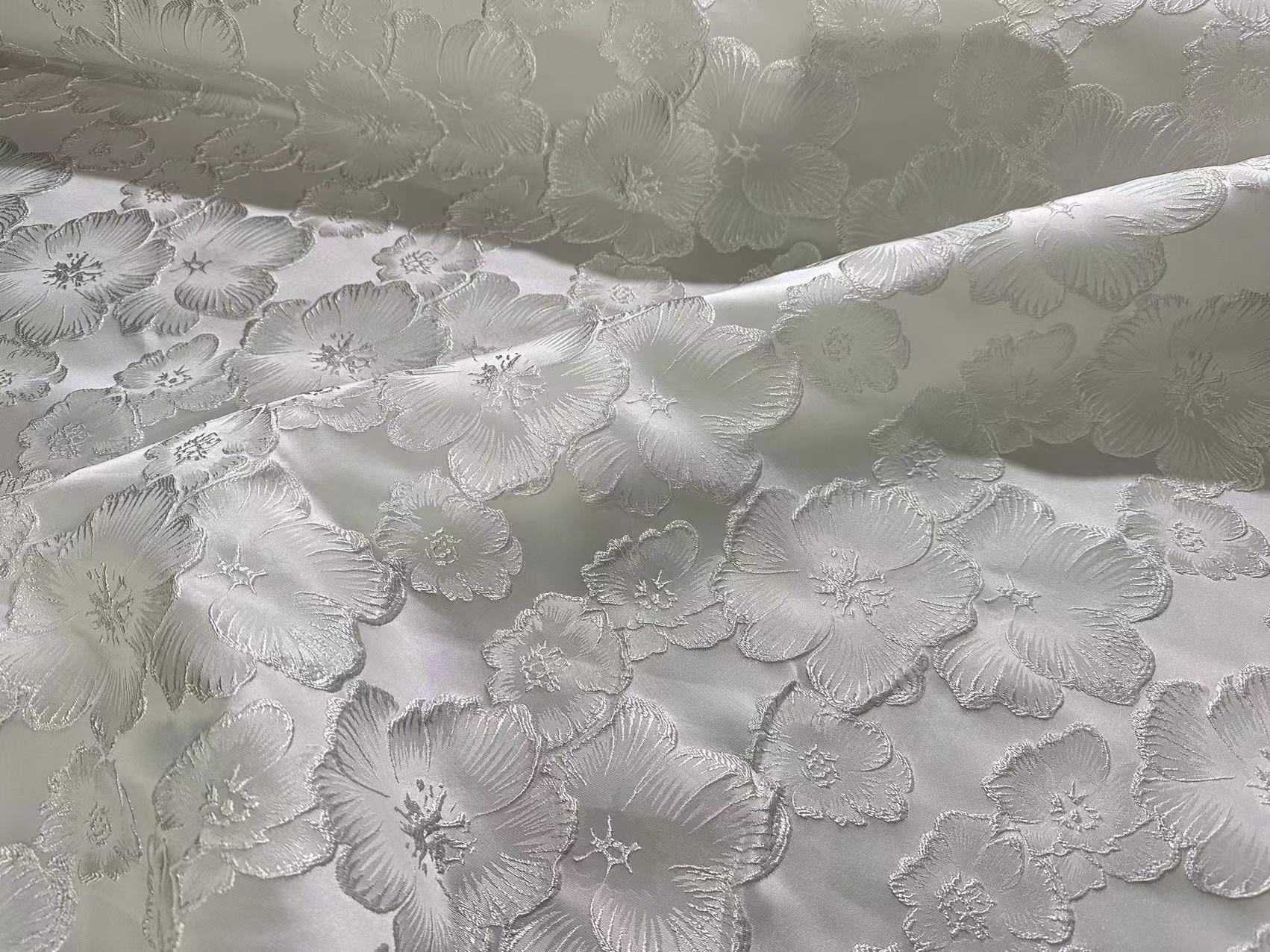 3D Floral Metallic Jacquard Fabric - Dress Jacket by the Yard - White