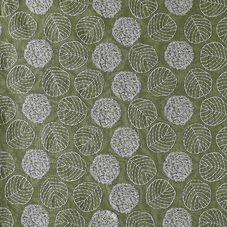 Ramie Cotton Leaf Embroidery Fabric, 47 in Wide - White Leaf on Green