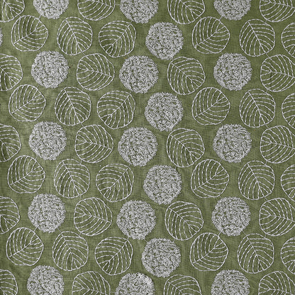 Ramie Cotton Leaf Embroidery Fabric, 47 in Wide - White Leaf on Green