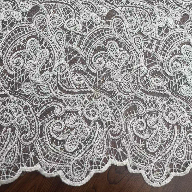 Cotton-Thread Embroidered Mesh Fabric, 100 g/m², 135 cm Wide, for Wedding, Formal Wear & Craft - Beige