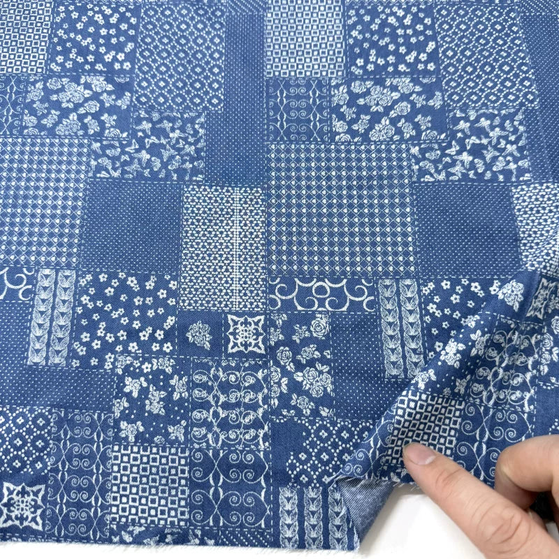 Cotton Denim Fabric, Washed Prints, for Dresses, Shirts & DIY - Patchwork Plaid