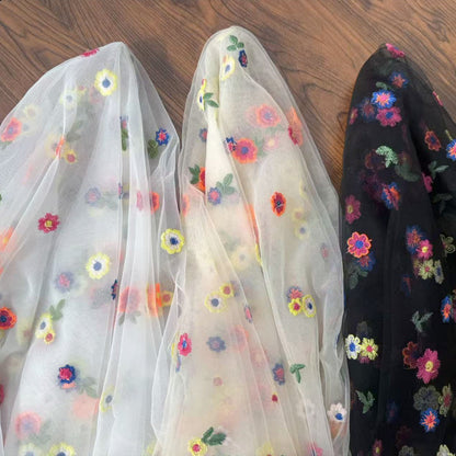 Polyester Mesh Fabric with Chrysanthemum Embroidery, 100 g/m², 135 cm Wide, for Kids' Dresses, Lolita & Craft