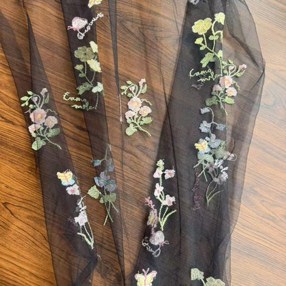 Polyester Mesh Fabric with Butterfly Embroidery, 90 g/m², 150 cm Wide, for Dresses, Blouses & Craft - Black