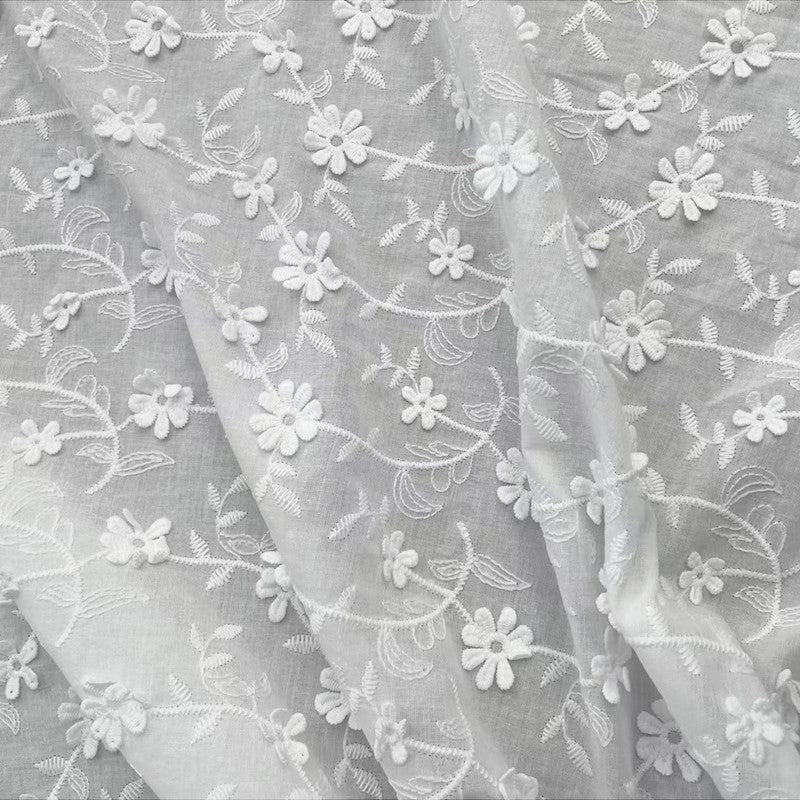 Cotton Fabric with Dimensional Floral Embroidery, 80 g/m², 130 cm Wide, for Kids' Clothing, Dresses & Craft