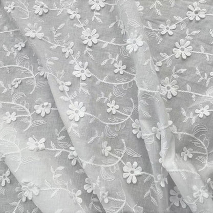Cotton Fabric with Dimensional Floral Embroidery, 80 g/m², 130 cm Wide, for Kids' Clothing, Dresses & Craft