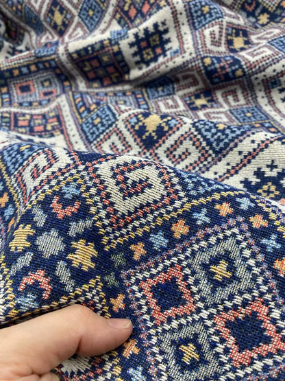 Ethnic Diamond Check Jacquard Denim Fabric, Vintage Cloth for Apparel & Bags