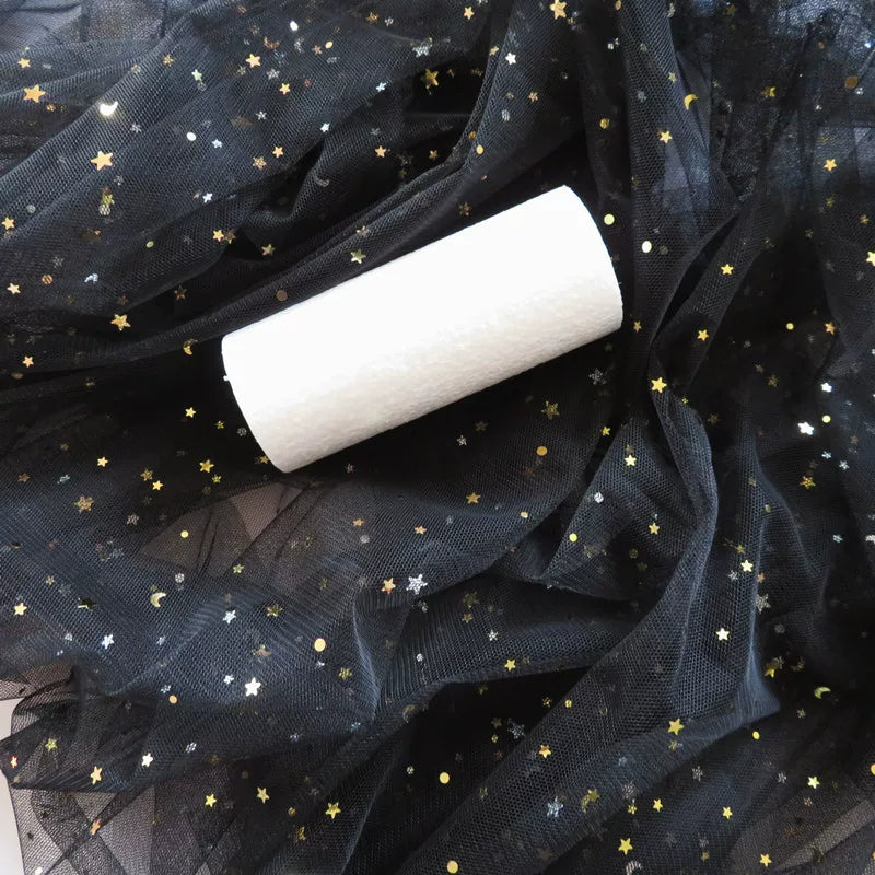 Star Moon Net Curtain Fabric, Soft Sheer Mesh for Photo Backdrops - Black