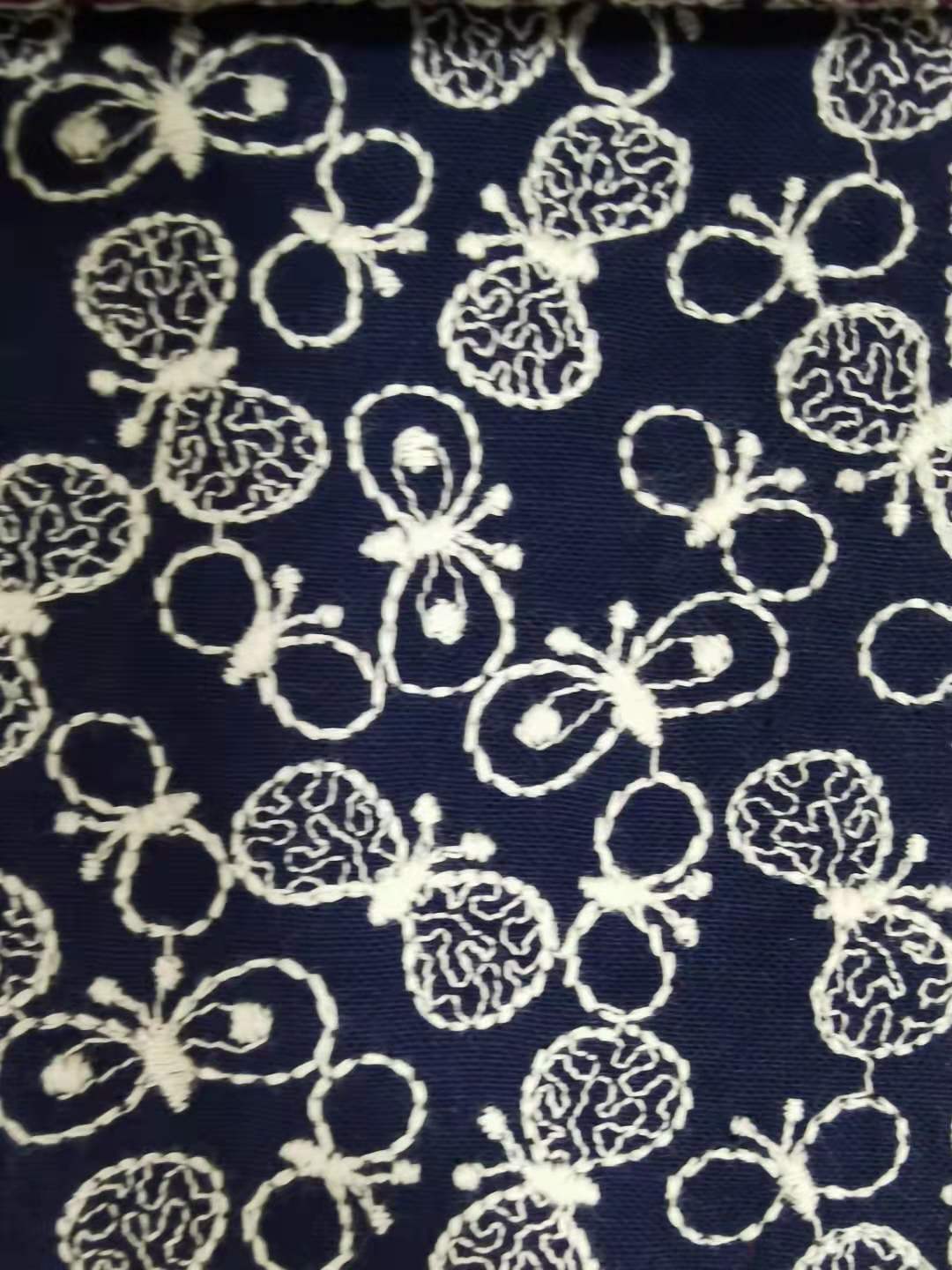 Butterfly Embroidery Linen Cotton Fabric, 49 in Wide - Navy