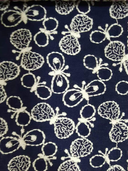 Butterfly Embroidery Linen Cotton Fabric, 49 in Wide - Navy