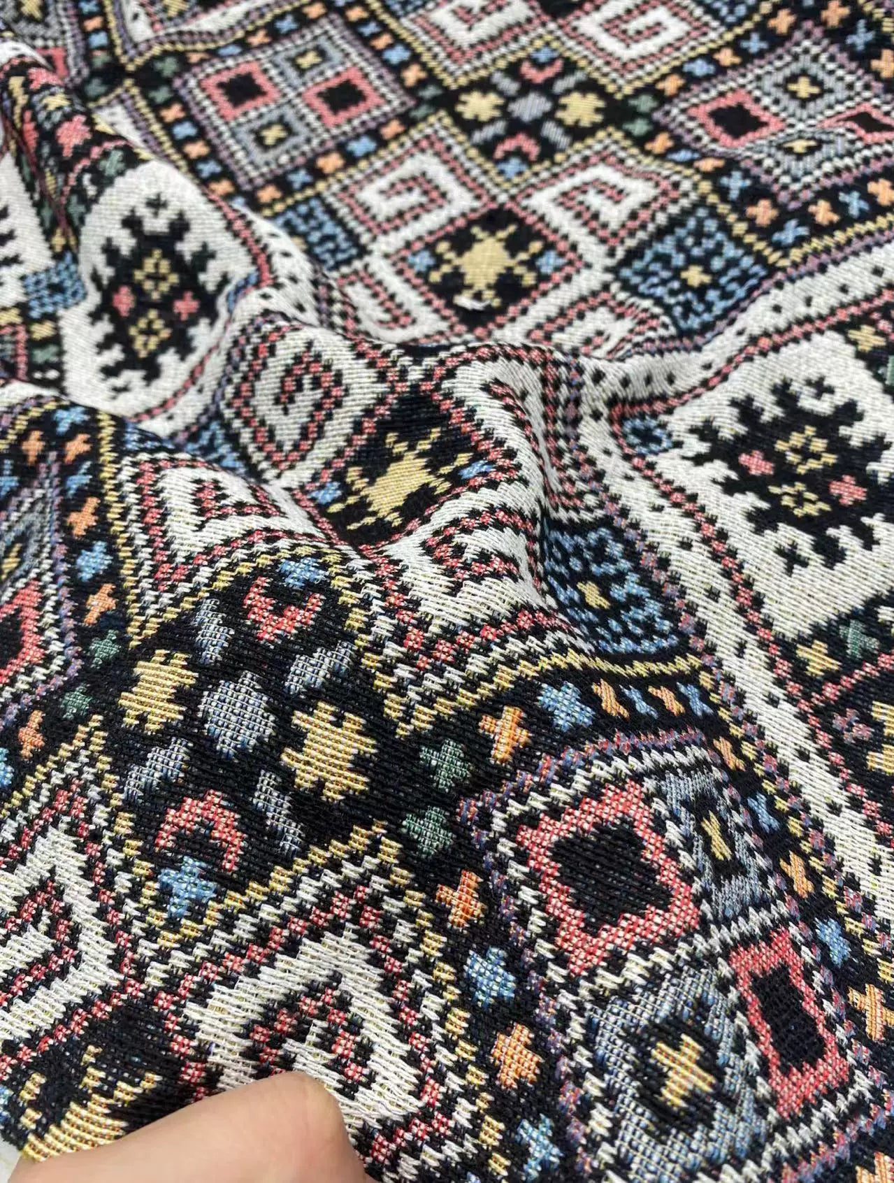 Ethnic Diamond Check Jacquard Denim Fabric, Vintage Cloth for Apparel & Bags