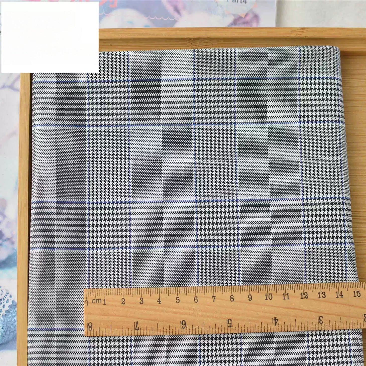 Vintage Houndstooth Stretch TR Suiting Fabric, Wrinkle-Resistant Cloth for Pants & Coats - Grey Blue Houndstooth