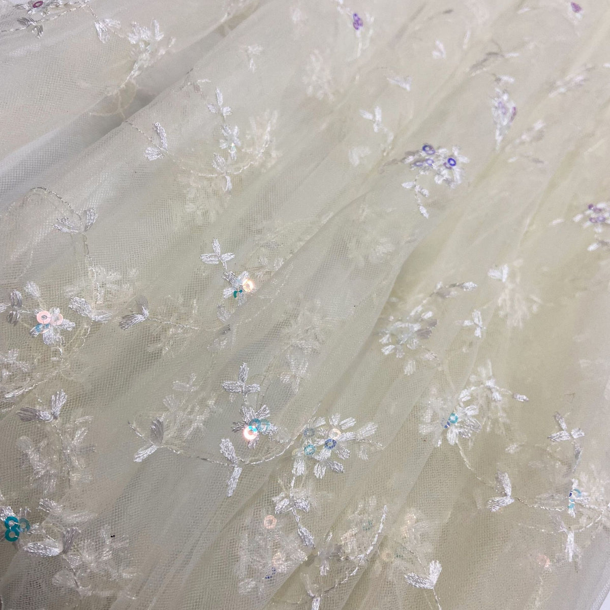 Embroidered Sequin Mesh, Floral, 51 in Wide - Pale Yellow