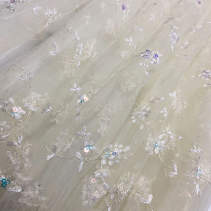 Embroidered Sequin Mesh, Floral, 51 in Wide - Pale Yellow
