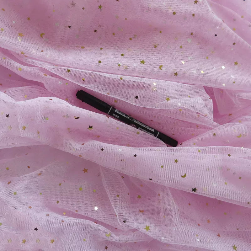 Star Moon Net Curtain Fabric, Soft Sheer Mesh for Photo Backdrops - Pink