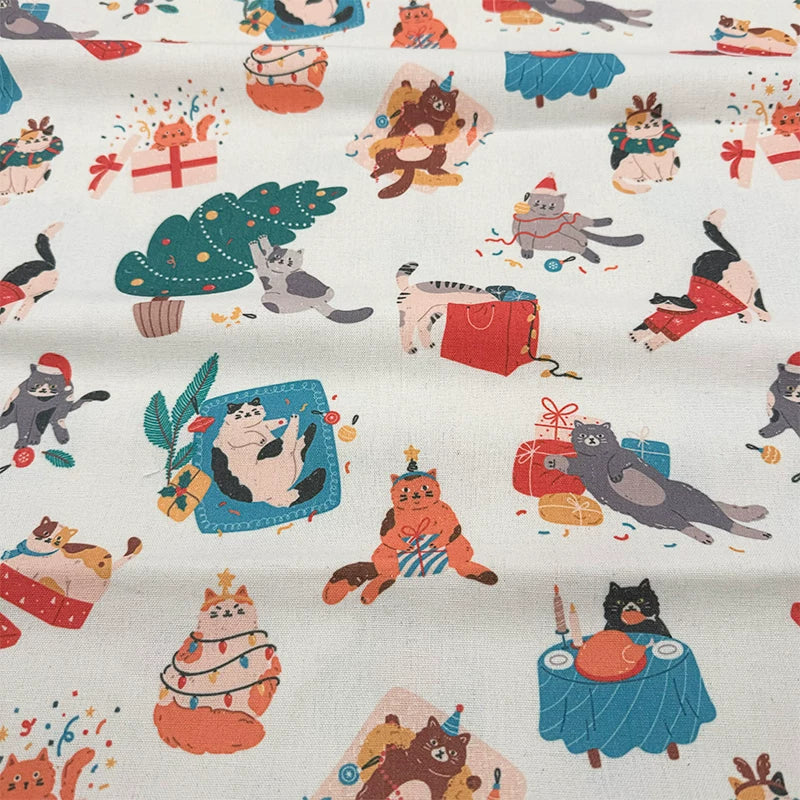Christmas Print Cotton-Linen Fabric, Encrypted Woven Cloth for Decor & DIY - Cat Gift