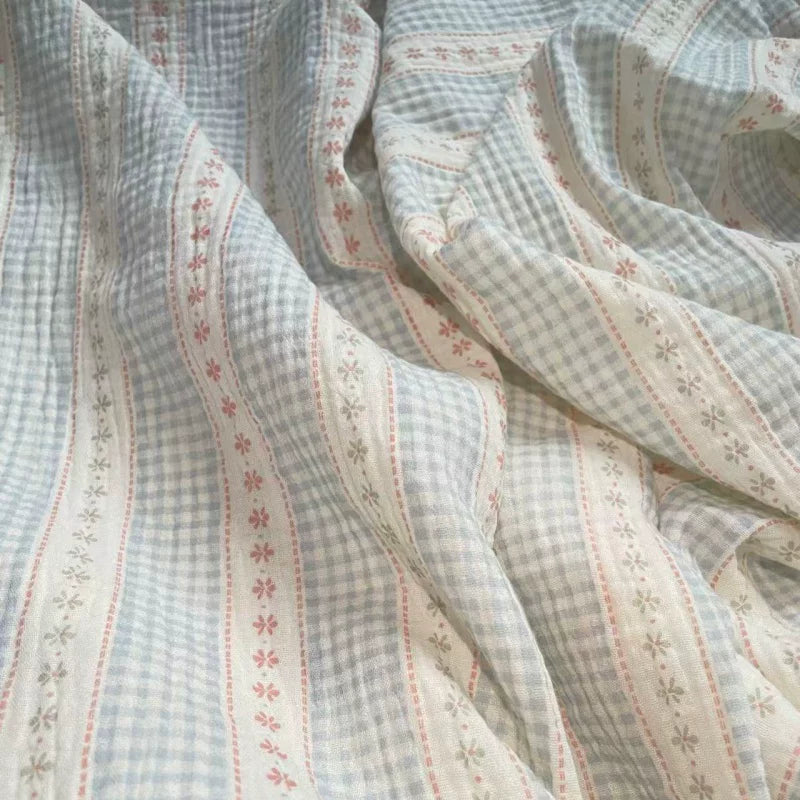 Cotton Double Gauze Fabric, for Baby Blankets & Bibs - Floral Blue Check