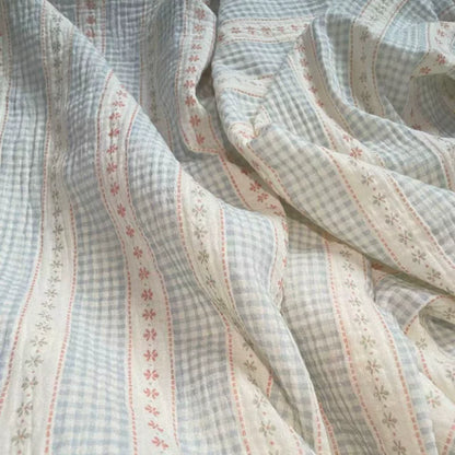 Cotton Double Gauze Fabric, for Baby & Nursery Sewing - Floral Blue Check