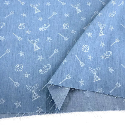 Cotton Denim Fabric, Washed Prints, for Dresses, Shirts & DIY - Ocean World Light Blue