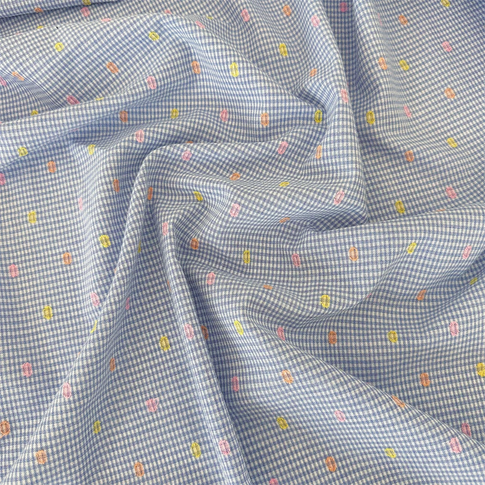 Cotton Clipped Floral Fabric, for Shirts & Dresses - Blue Check Bean