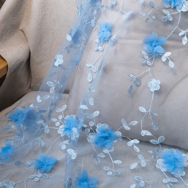 Polyester Mesh Fabric with 3D Appliqué Embroidery, 100 g/m², 150 cm Wide, for Dresses, Kids' Fashion & Craft - Blue