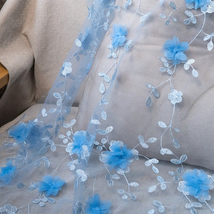 Polyester Mesh Fabric with 3D Appliqué Embroidery, 100 g/m², 150 cm Wide, for Dresses, Kids' Fashion & Craft - Blue