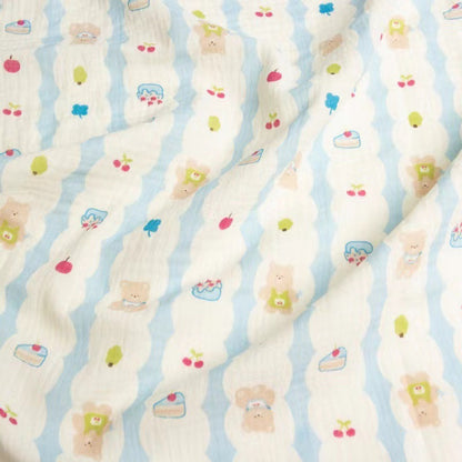 Double Gauze Cotton Fabric - Crinkle Texture Apparel & Craft by the Yard - Blue Stripe Bear