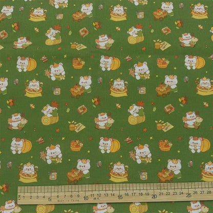 Autumn Woodland Bear Print Cotton-Linen Fabric, Cozy Fall Cloth for DIY & Decor - Green