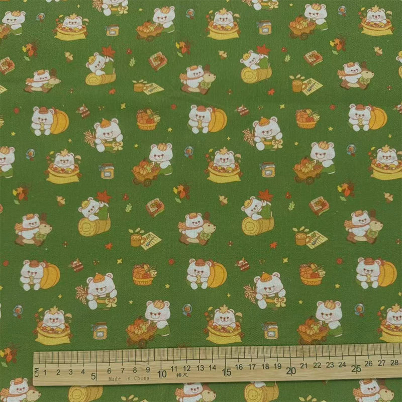 Autumn Woodland Bear Print Cotton-Linen Fabric, Cozy Fall Cloth for DIY & Decor
