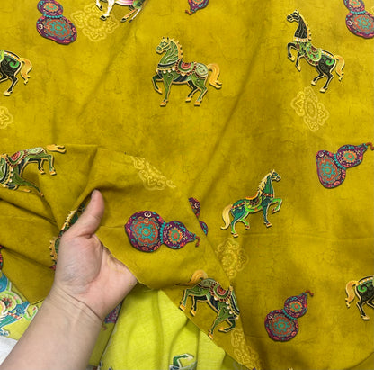 Rayon Fabric, Golden Horse Print, for Qipao & Vests