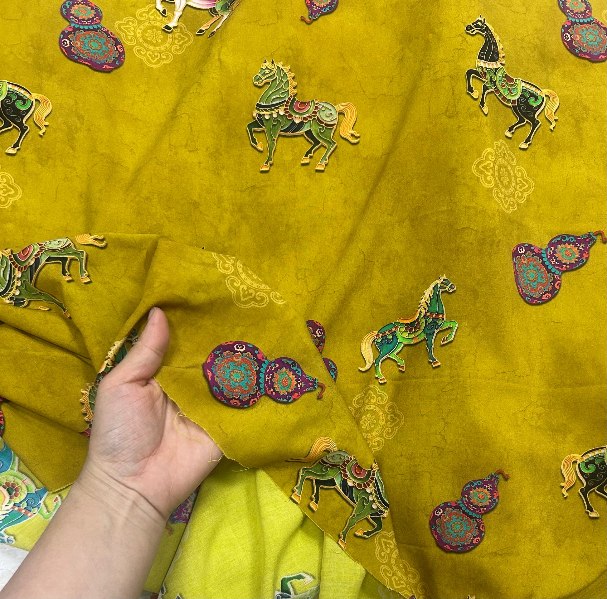 Rayon Fabric, Golden Horse Print, for Qipao & Vests - Golden Horse Jade Hall
