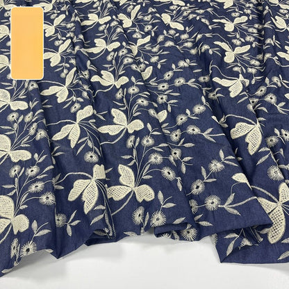 Poly-Cotton Embroidered Denim Fabric, Lightweight Denim for Shirts & Dresses - Dark Blue