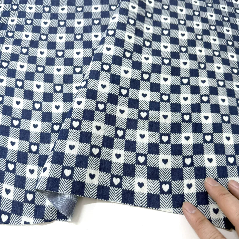 Cotton Denim Fabric, Washed Prints, for Dresses, Shirts & DIY - Heart Gingham